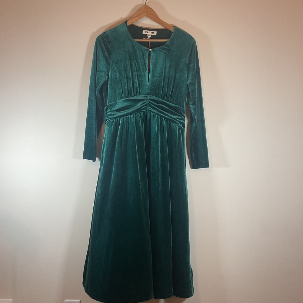 Boden Tilda Velvet Midi Dress Green Long Sleeve Crystal Button D1443 US 10P